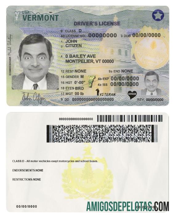 Carteira de habilitação nos EUA em Vermont (2019 - presente) exemplo real